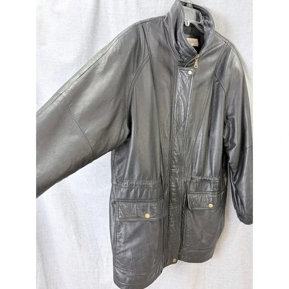 Vintage 1990s Leather Jacket Mens M Black Minimalist Zip Front Retro